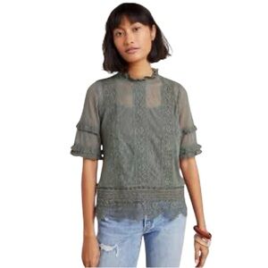 NEW Anthropologie Blue Tassel Green Short Sleeve Lace Mattie Top Size 1X